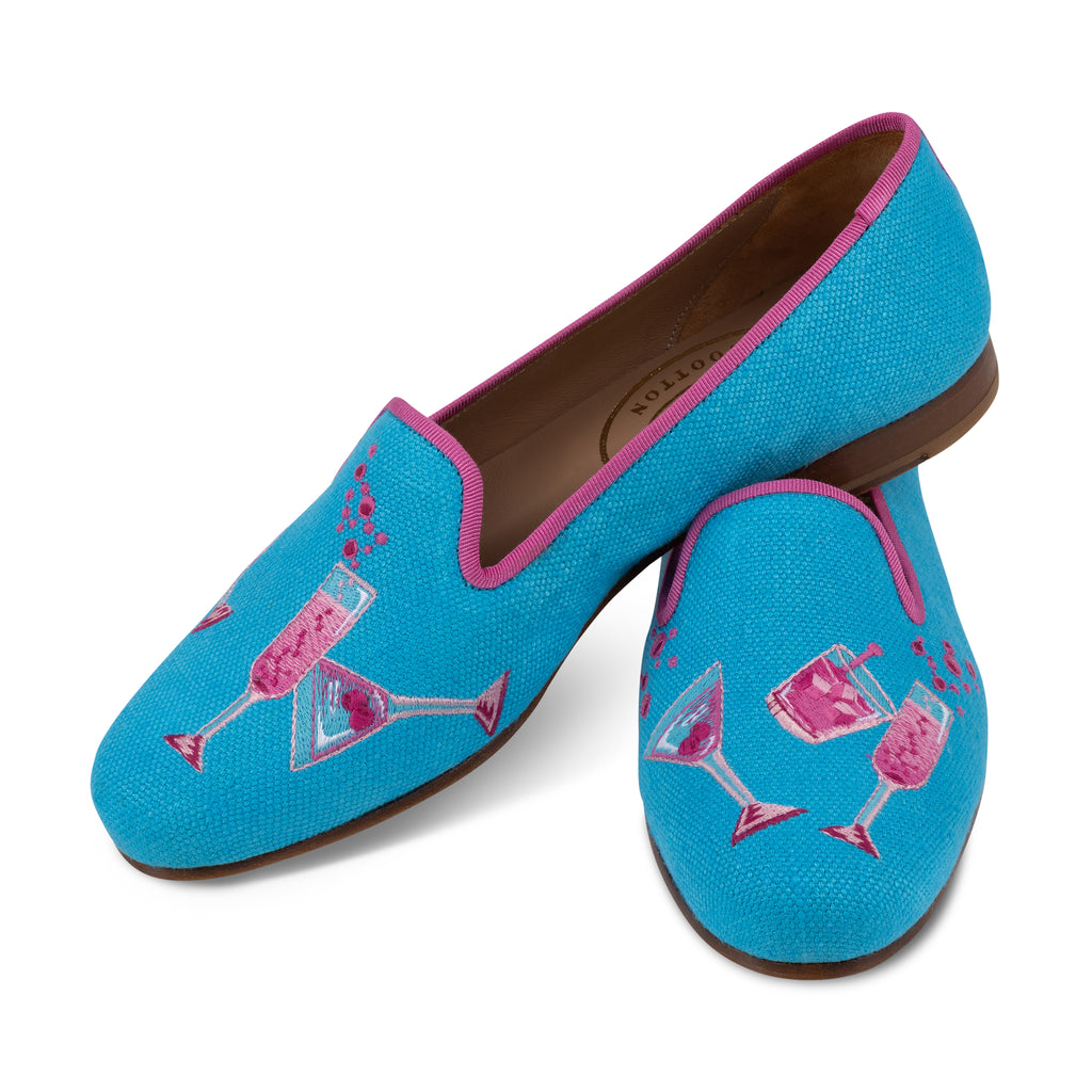 Our Celebrate Turquoise Linen Slipper (Women) item is photographed here against a white background.