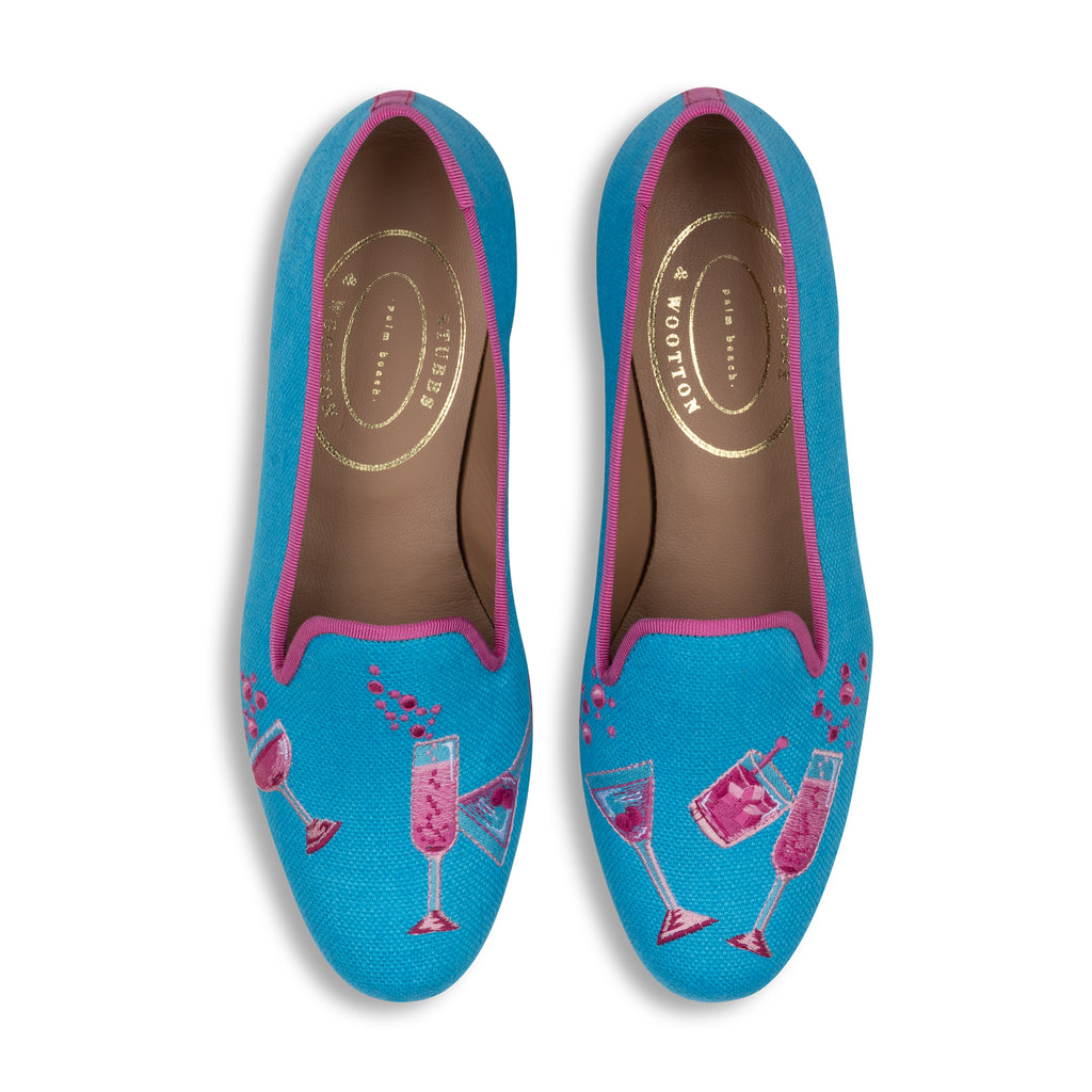 Our Celebrate Turquoise Linen Slipper (Women) item is photographed here against a white background.