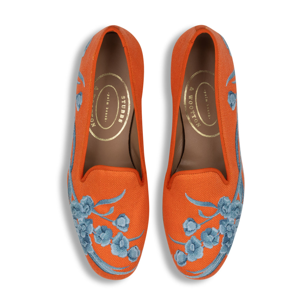 Our Anemone Orange Linen Slipper (Women) item is photographed here against a white background.