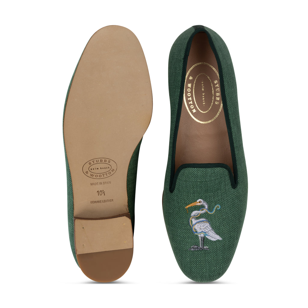 Our Heron Emerald Linen Slipper (Men) item is photographed here against a white background.