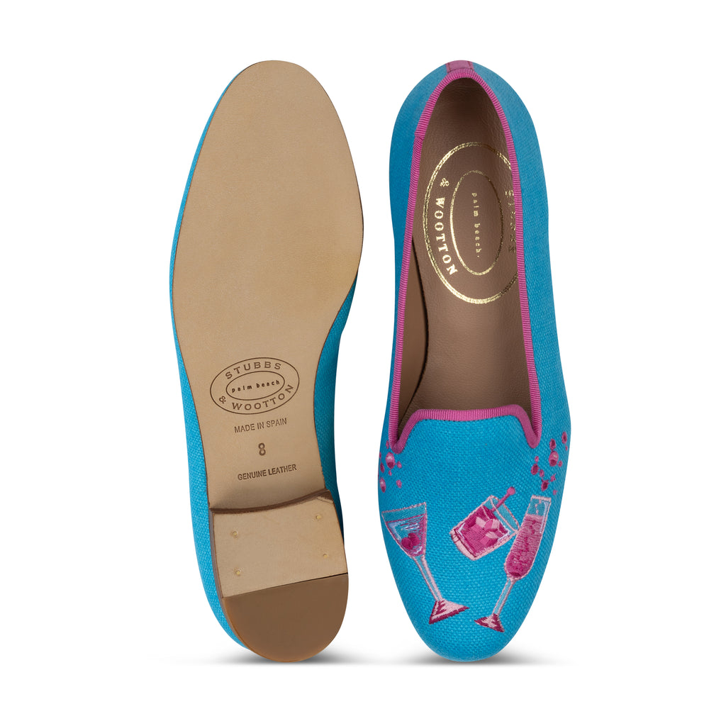 Our Celebrate Turquoise Linen Slipper (Women) item is photographed here against a white background.