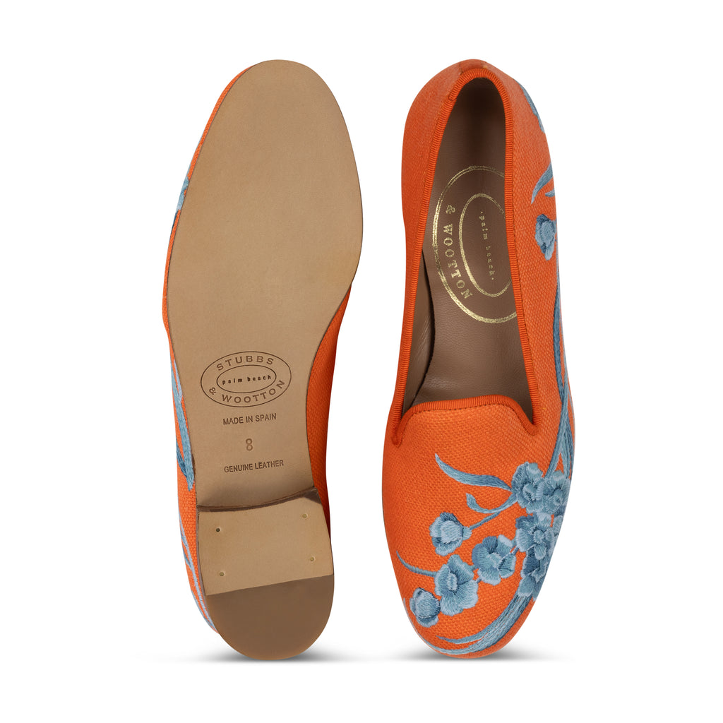 Our Anemone Orange Linen Slipper (Women) item is photographed here against a white background.
