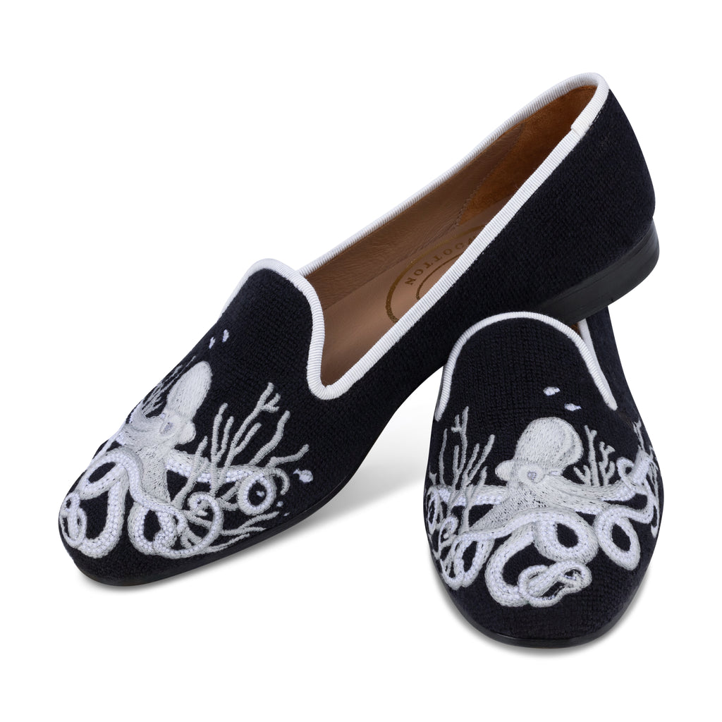 Our Octopus Noir Needlepoint Slipper (Women) item is photographed here against a white background.