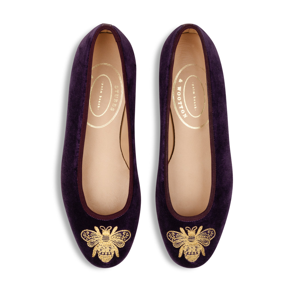 Bee on Plum Velvet Slipper