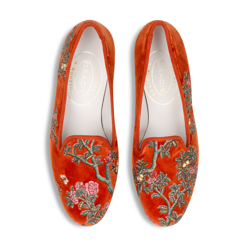 Our Marble Shimmer Rust Velvet Slipper (Women) item is photographed here against a white background.