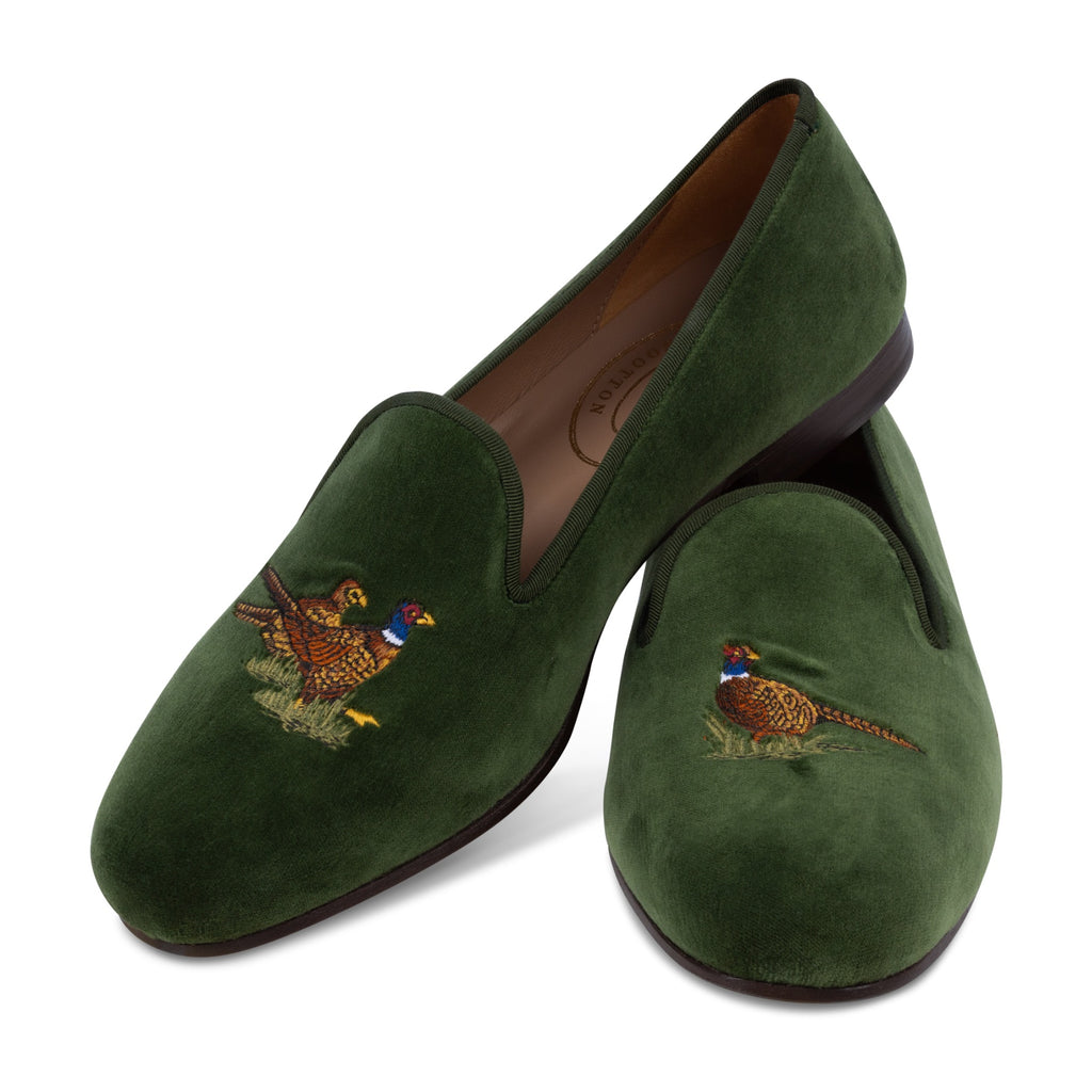 Our Pheasants Forest Velvet Slipper (Men) item is photographed here against a white background.