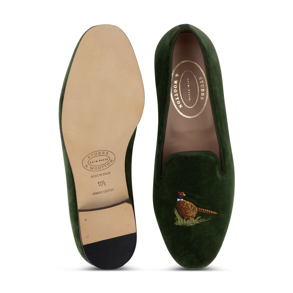 Our Pheasants Forest Velvet Slipper (Men) item is photographed here against a white background.
