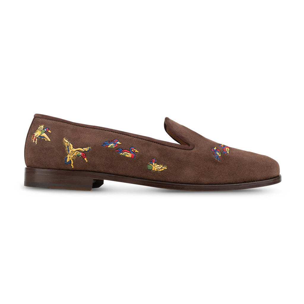 Our Flock Espresso Suede Slipper (Men) item is photographed here against a white background.