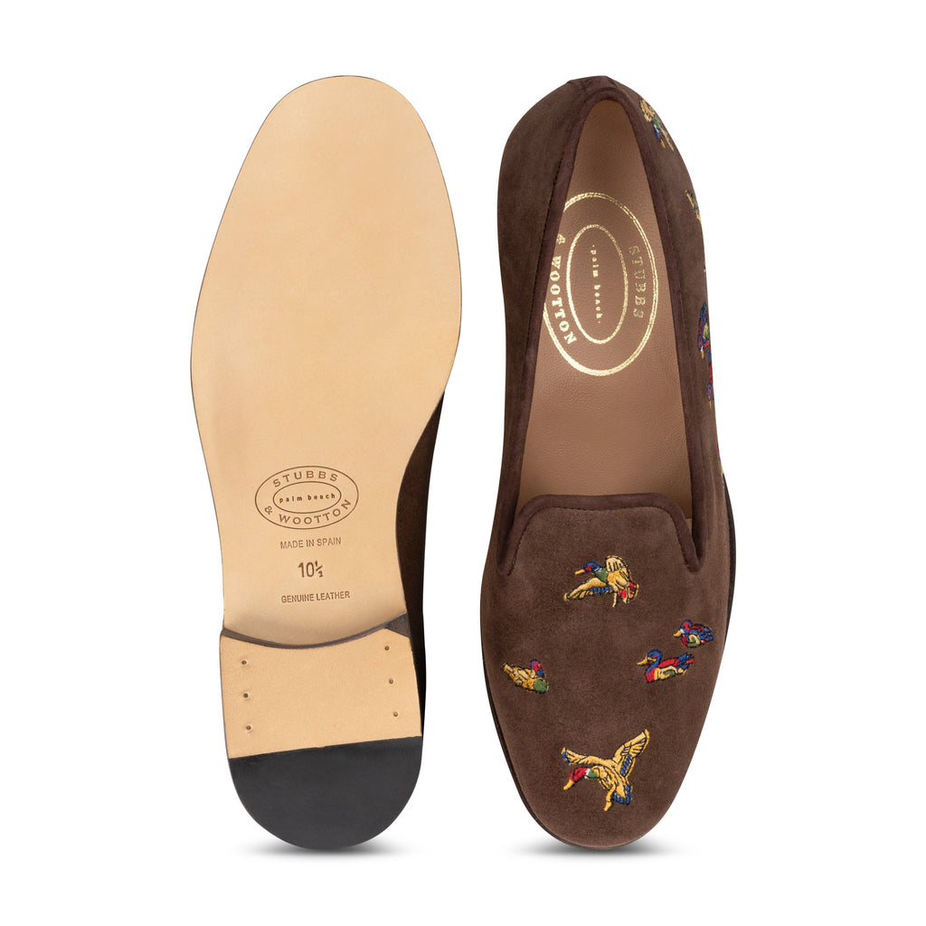 Our Flock Espresso Suede Slipper (Men) item is photographed here against a white background.