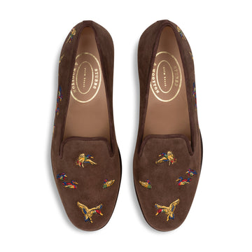 Our Flock Espresso Suede Slipper (Men) item is photographed here against a white background.