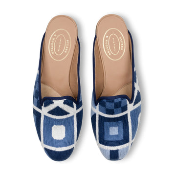 Our Burgees Navy Needlepoint Mule (Women) item is photographed here against a white background.