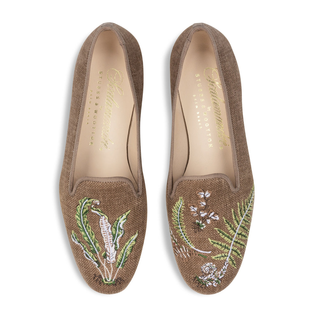 Our Ferns Chestnut Linen Slipper (Women) item is photographed here against a white background.
