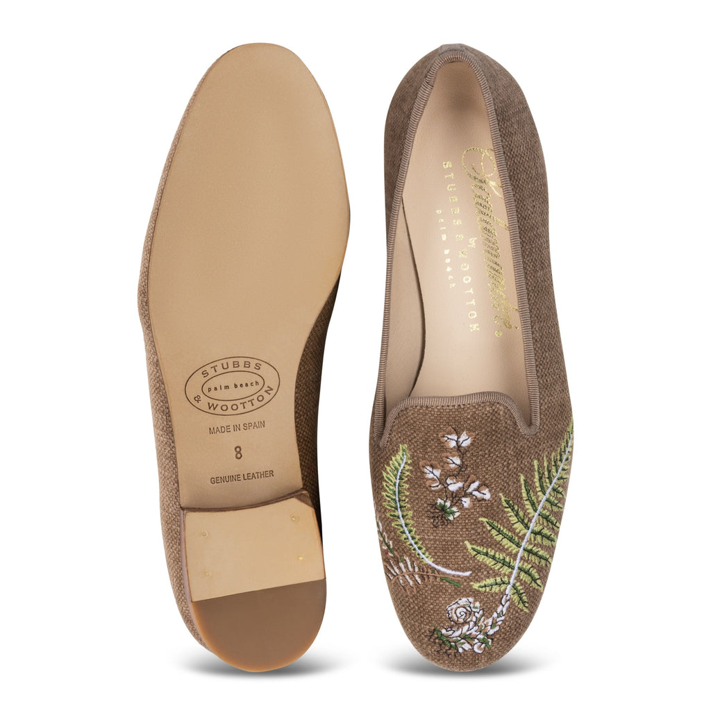 Our Ferns Chestnut Linen Slipper (Women) item is photographed here against a white background.