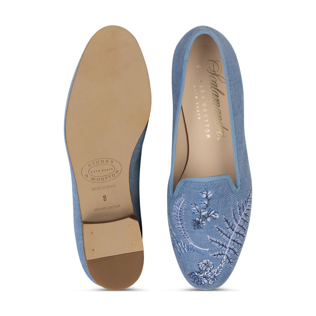 Our Ferns Azure Linen Slipper (Women) item is photographed here against a white background.