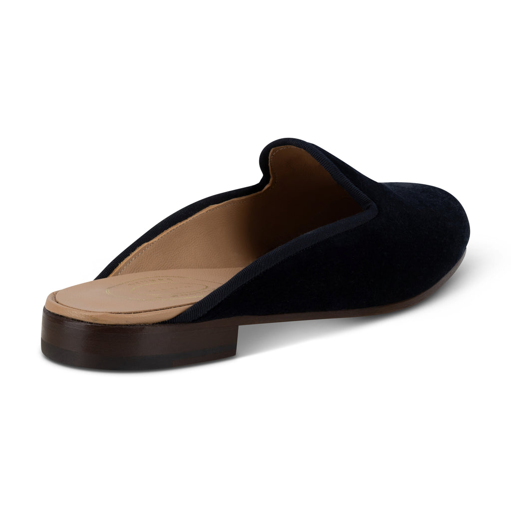 Our Charmed Navy Velvet Mule (Women) item is photographed here against a white background.