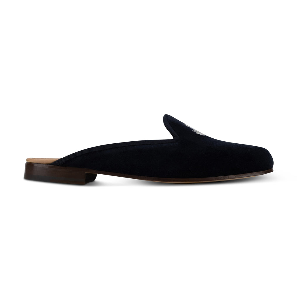 Our Charmed Navy Velvet Mule (Women) item is photographed here against a white background.