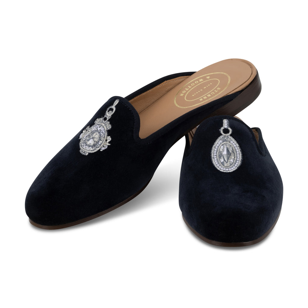 Our Charmed Navy Velvet Mule (Women) item is photographed here against a white background.