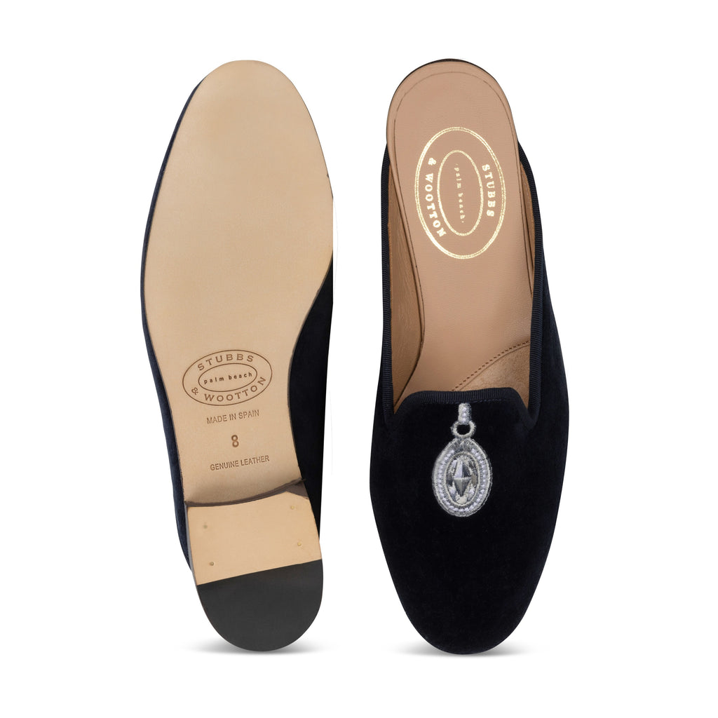 Our Charmed Navy Velvet Mule (Women) item is photographed here against a white background.