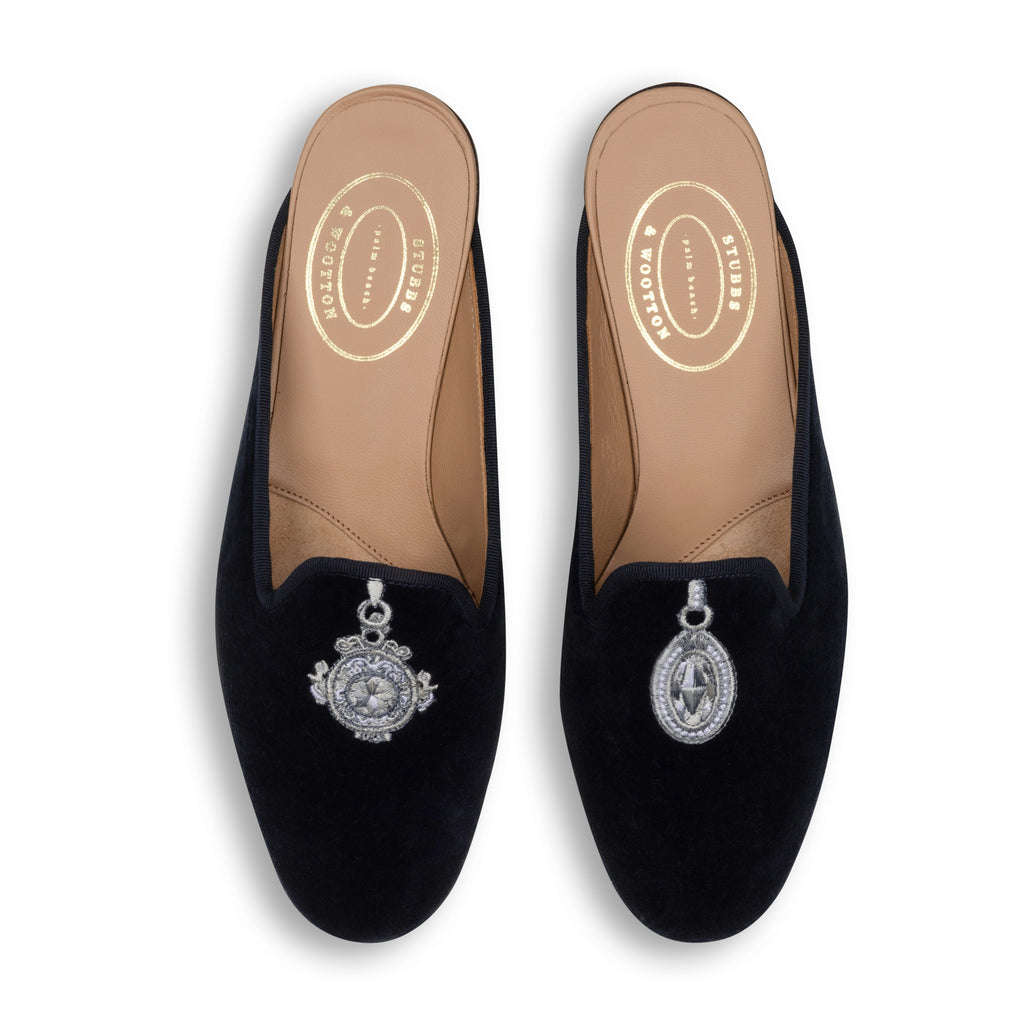 Our Charmed Navy Velvet Mule (Women) item is photographed here against a white background.