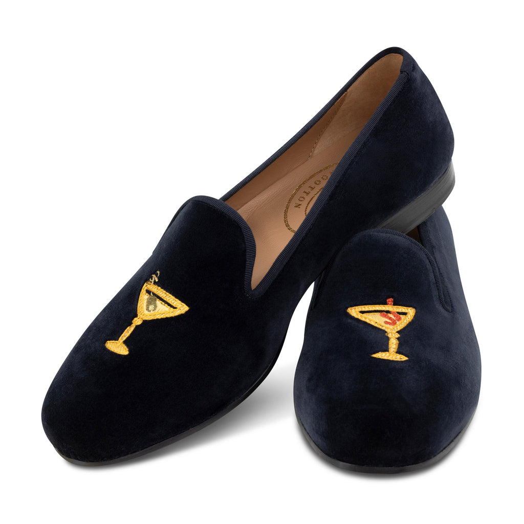 Our Ornate Martini Navy Velvet Slipper (Men) item is photographed here against a white background.