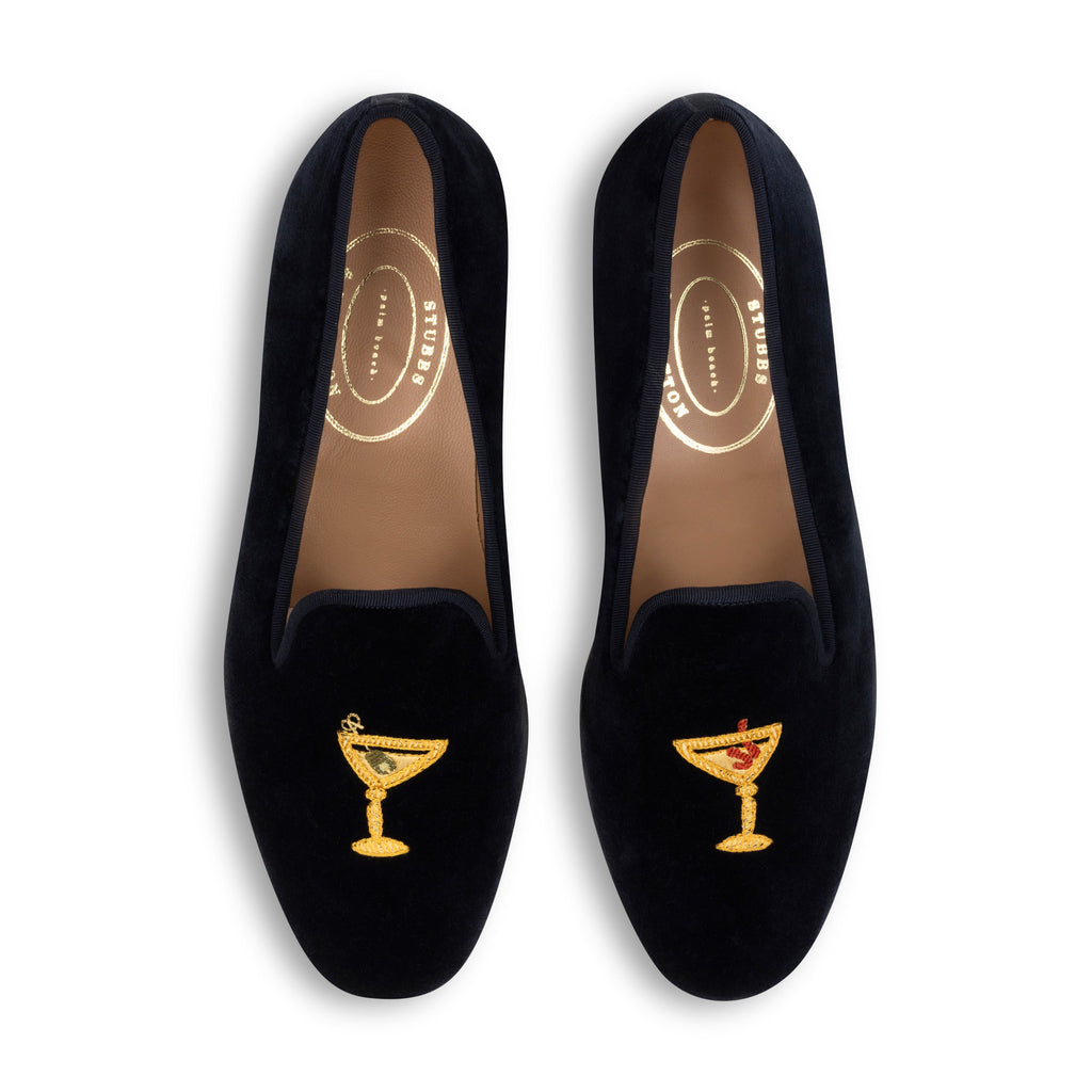 Our Ornate Martini Navy Velvet Slipper (Men) item is photographed here against a white background.