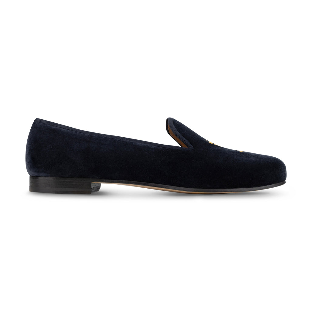 Our Ornate Martini Navy Velvet Slipper (Women) item is photographed here against a white background.
