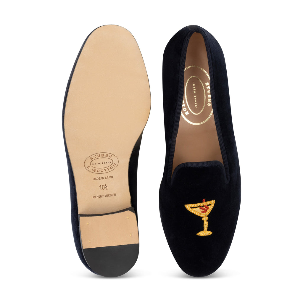 Our Ornate Martini Navy Velvet Slipper (Women) item is photographed here against a white background.