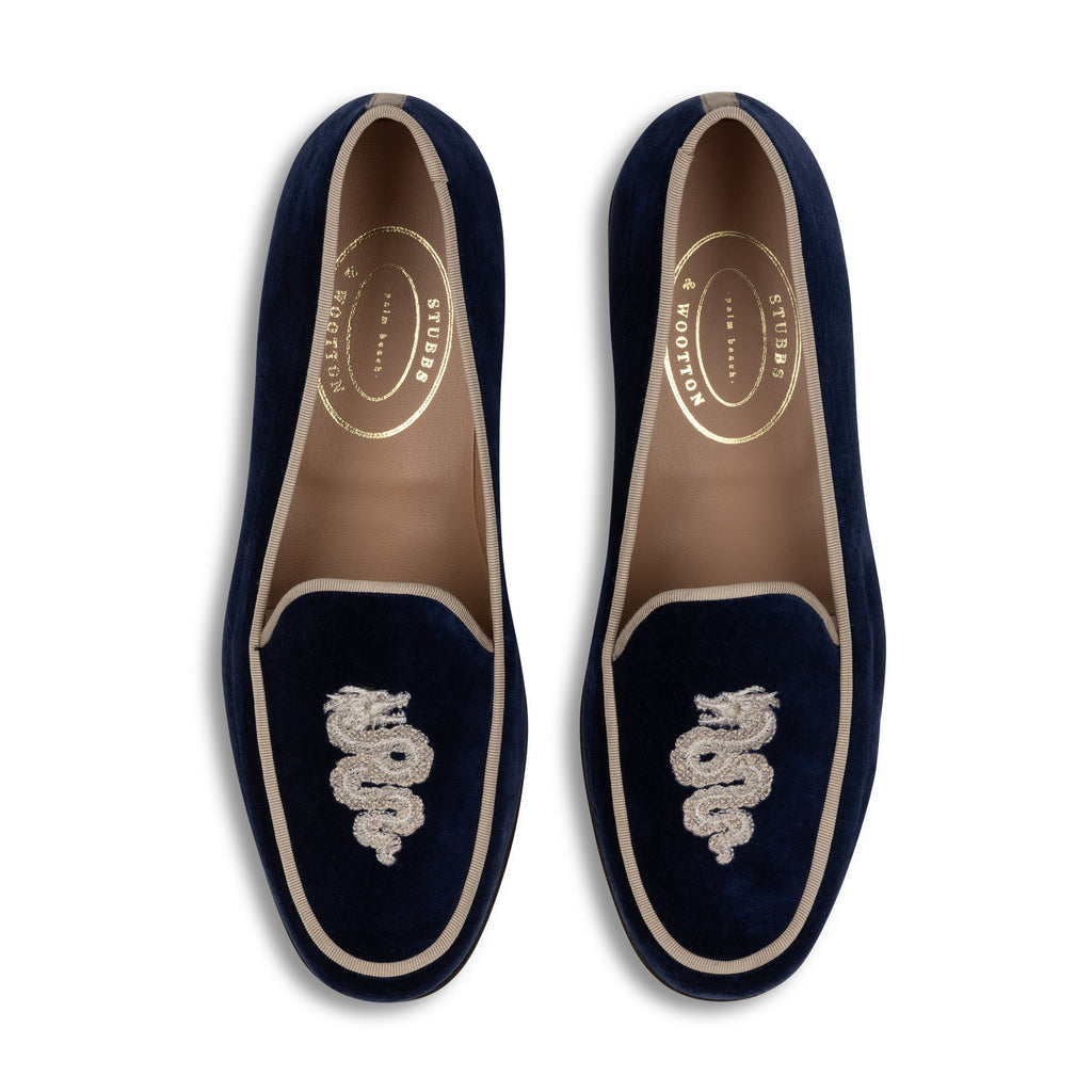 Our Serpentine Navy Velvet Lux (Men) item is photographed here against a white background.