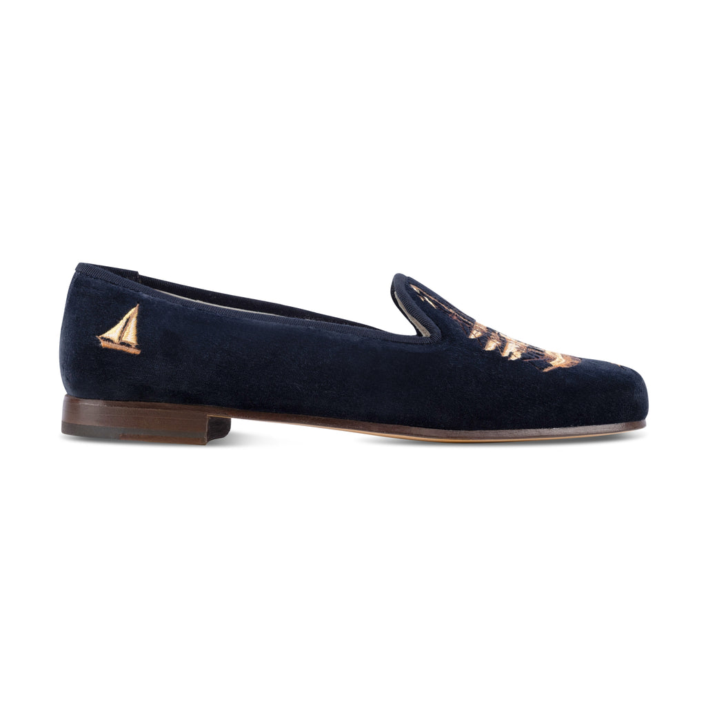 Our Nantucket Navy Velvet Slipper (Men) item is photographed here against a white background.
