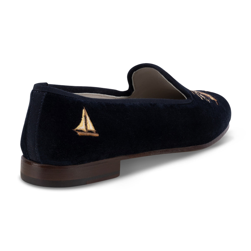 Our Nantucket Navy Velvet Slipper (Men) item is photographed here against a white background.