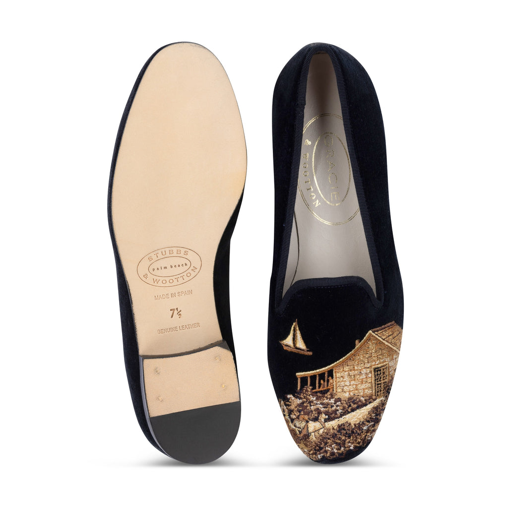 Our Nantucket Navy Velvet Slipper (Men) item is photographed here against a white background.