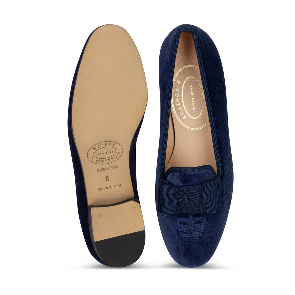 Our Accoutrement Navy Velvet Slipper (Women) item is photographed here against a white background.
