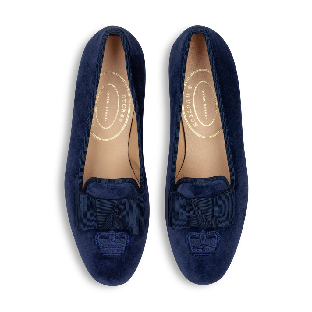 Our Accoutrement Navy Velvet Slipper (Women) item is photographed here against a white background.