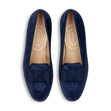 Our Accoutrement Navy Velvet Slipper (Women) item is photographed here against a white background.