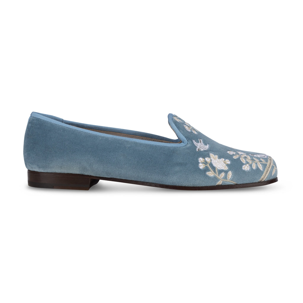 Our Winter Garden Sky Velvet Slipper item is photographed here against a white background.