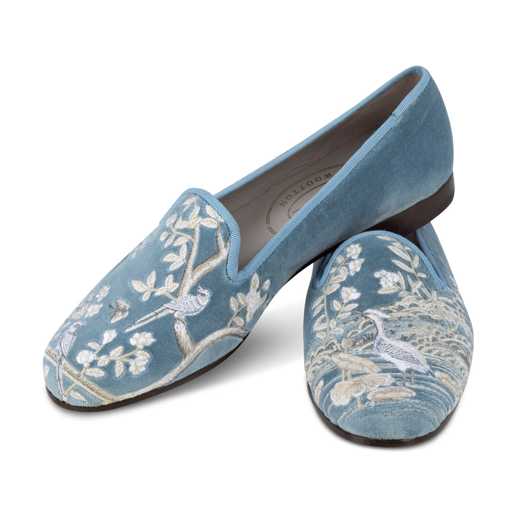 Our Winter Garden Sky Velvet Slipper item is photographed here against a white background.