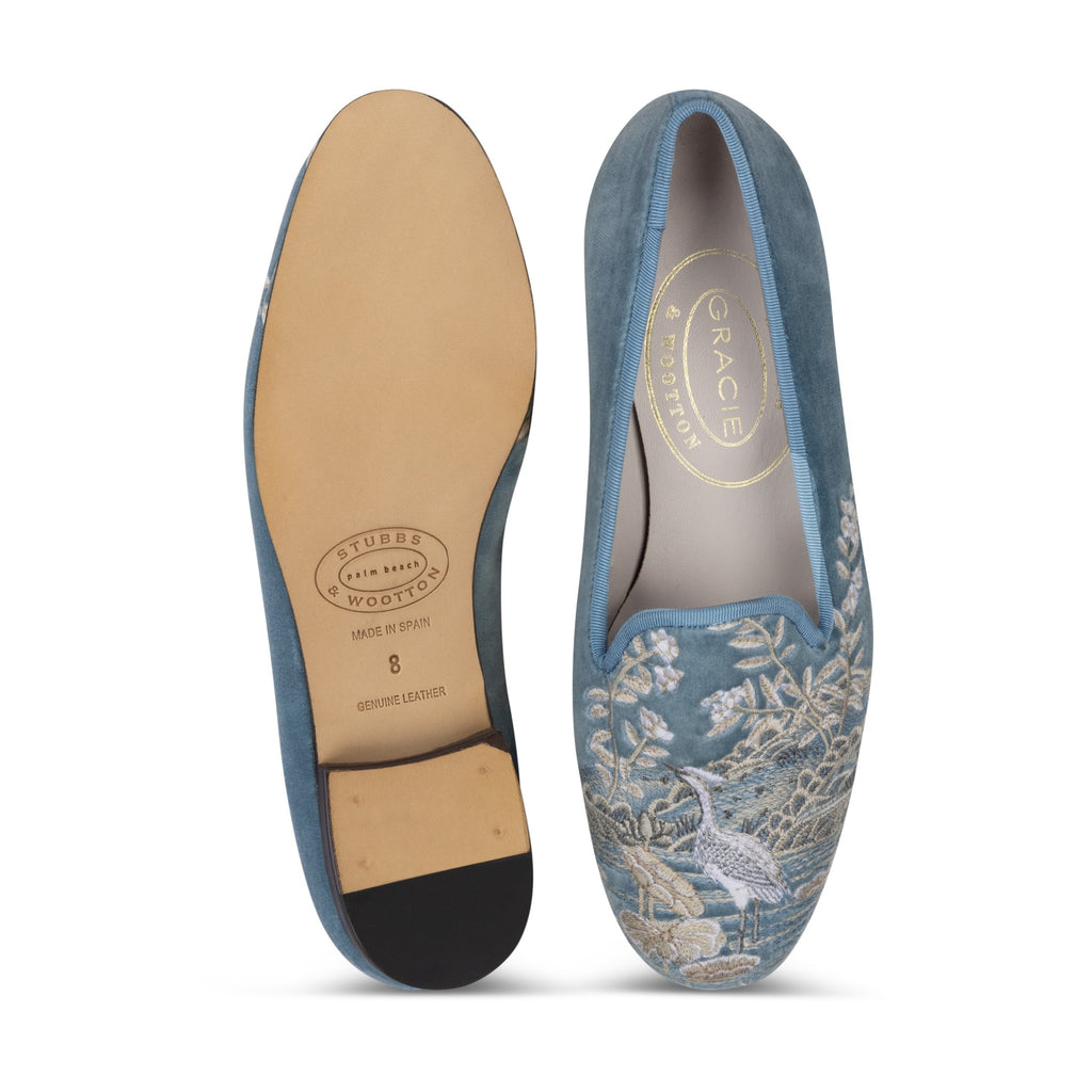 Our Winter Garden Sky Velvet Slipper item is photographed here against a white background.