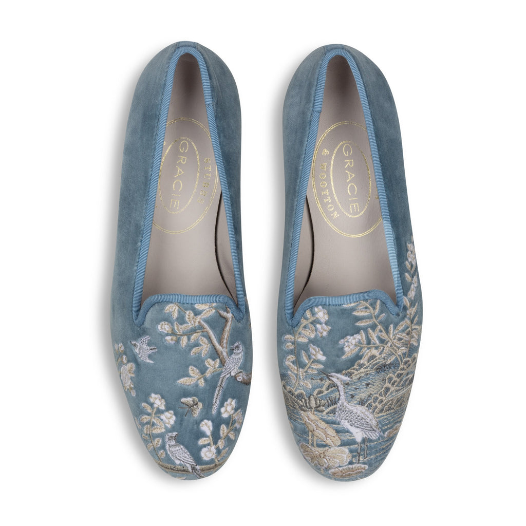 Our Winter Garden Sky Velvet Slipper item is photographed here against a white background.