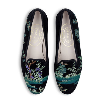 Our Midnight Grove Navy Velvet Slipper (Women) item is photographed here against a white background.