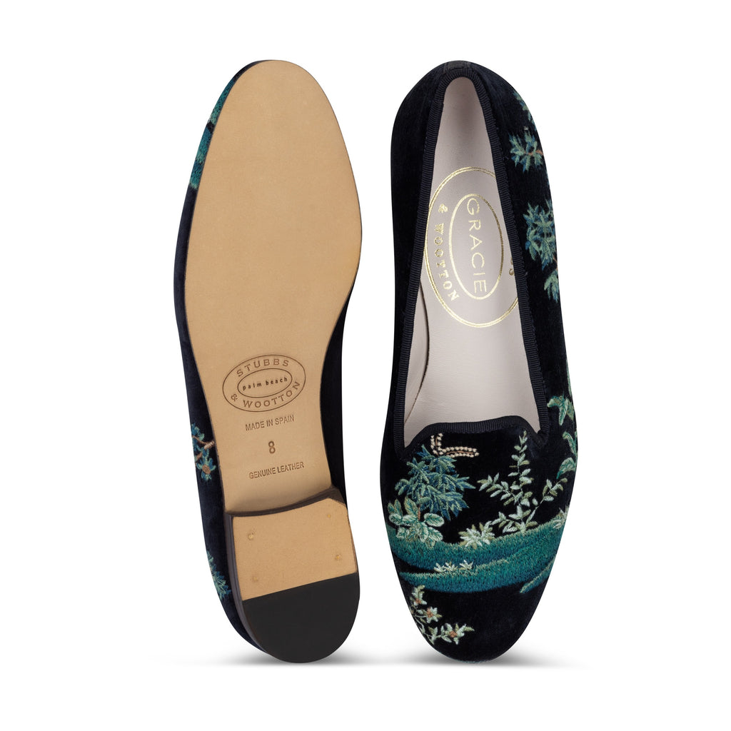 Our Midnight Grove Navy Velvet Slipper (Women) item is photographed here against a white background.