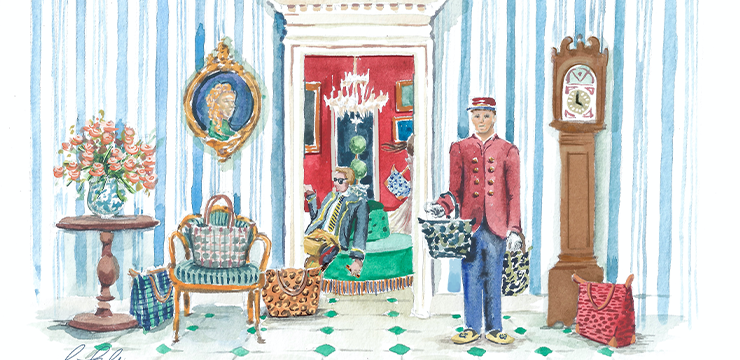 An illustration of a hotel lobby featuring our tote bags.