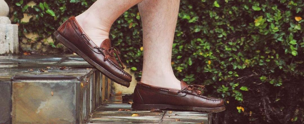 Our Merritt Boat shoe being worn on stairs.