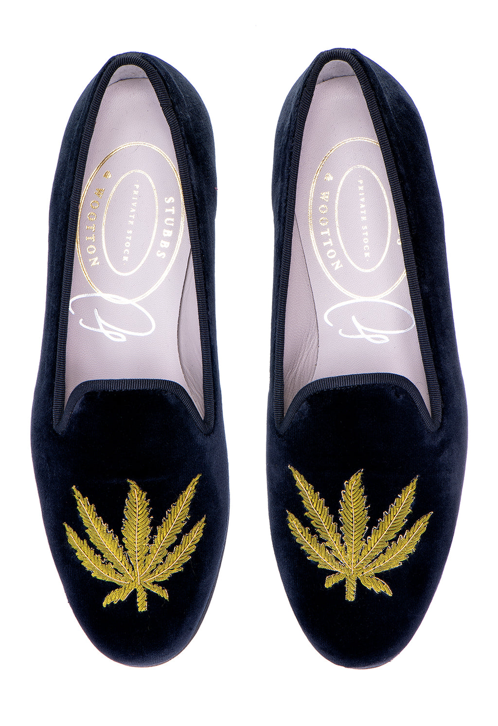 Stubbs & Wootton Bespoke Motif Slipper Loafer Slip On Linen Shoes Pot Leaf Weed Weed Noir Velvet Slipper (Men) main image 4